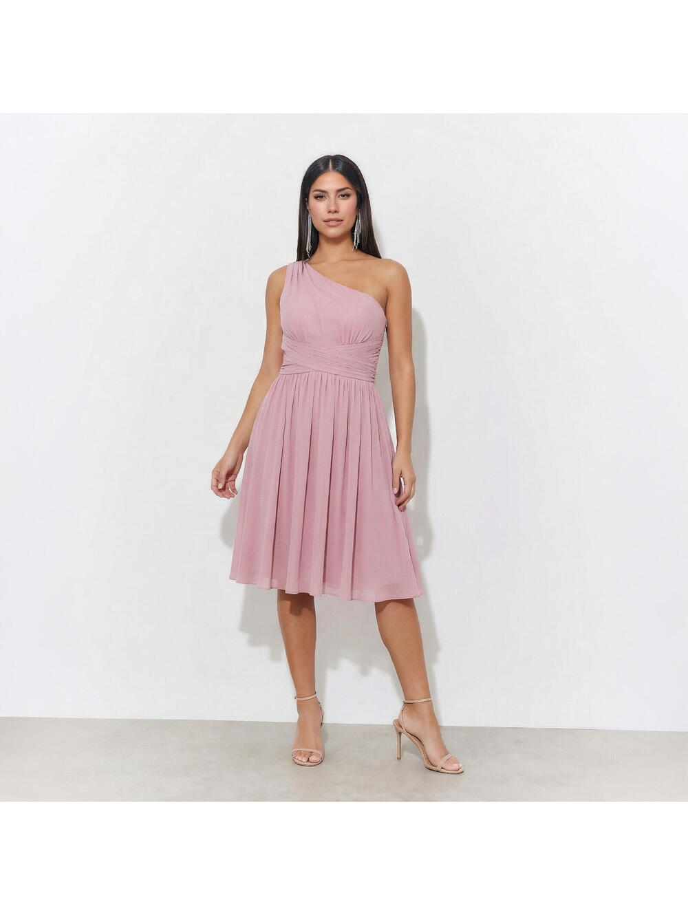 David's Bridal Wedding Guest One-Shoulder Pink Pleated Midi Dress